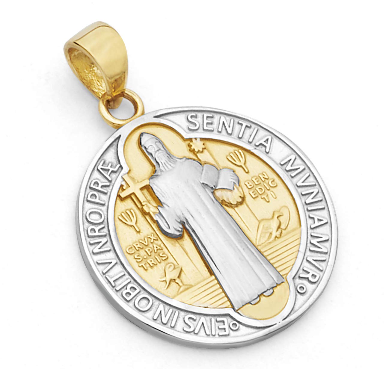 14k REAL Two Tone Gold Saint Benito Medal Charm Pendant (Size : 20 x 13 mm)