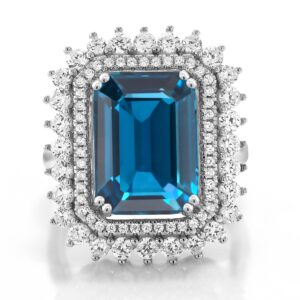 Gem Stone King 925 Sterling Silver London Blue Topaz Ring For Women (10.10 Cttw, Emerald Cut 14X10MM, Gemstone Birthstone, Available In Size 5, 6, 7, 8, 9)