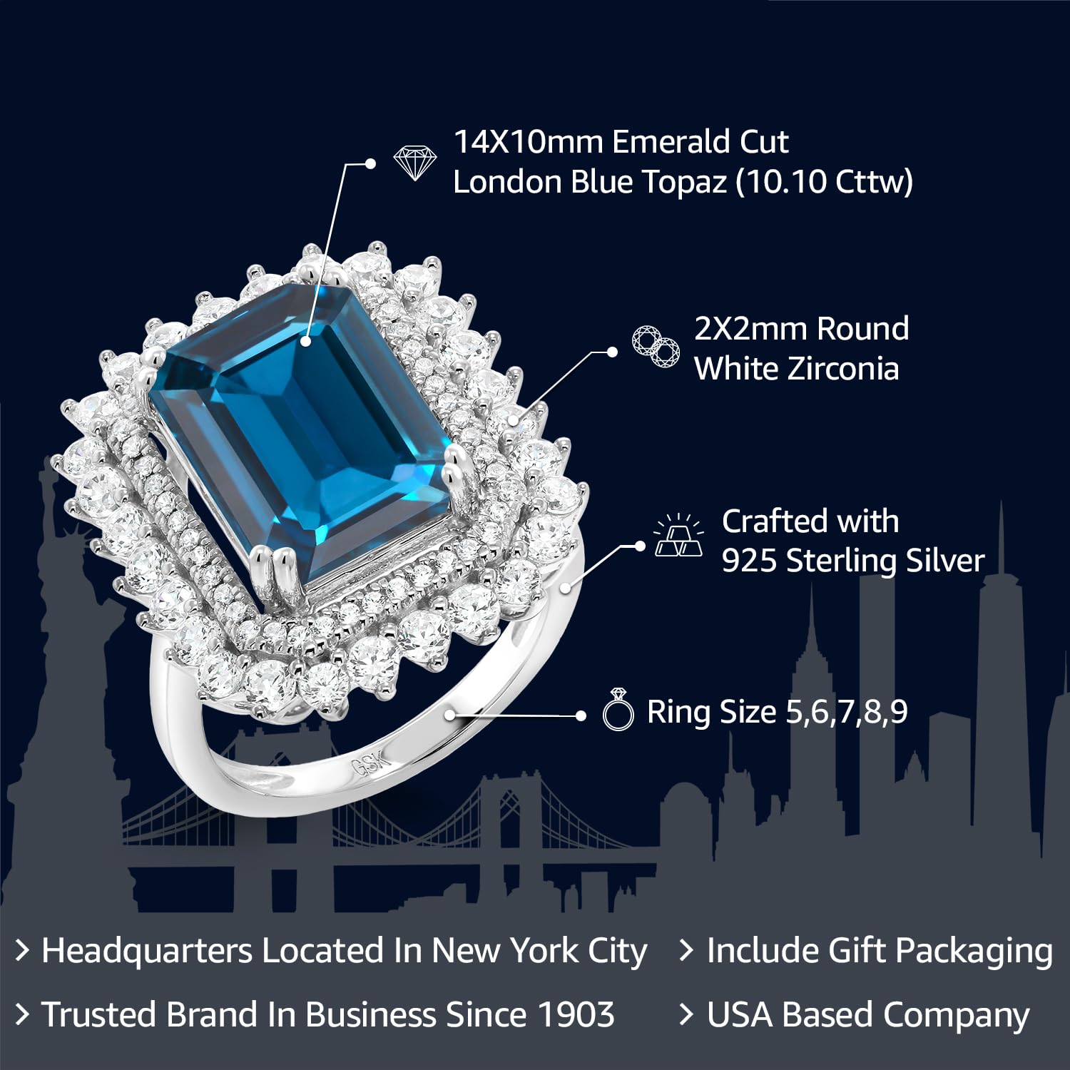 Gem Stone King 925 Sterling Silver London Blue Topaz Ring For Women (10.10 Cttw, Emerald Cut 14X10MM, Gemstone Birthstone, Available In Size 5, 6, 7, 8, 9)