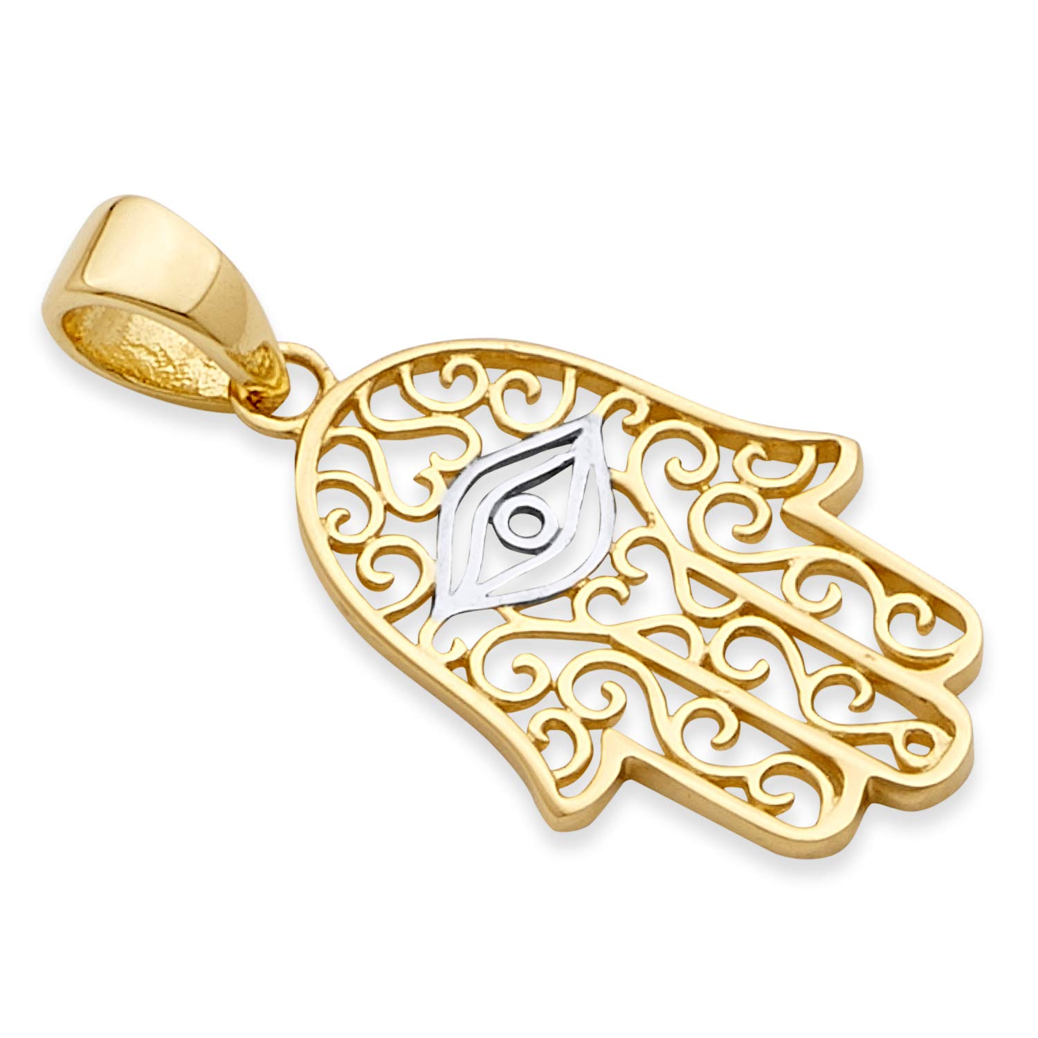 14k REAL Two Tone Gold Hamsa Charm Pendant (Size : 21 x 11 mm)