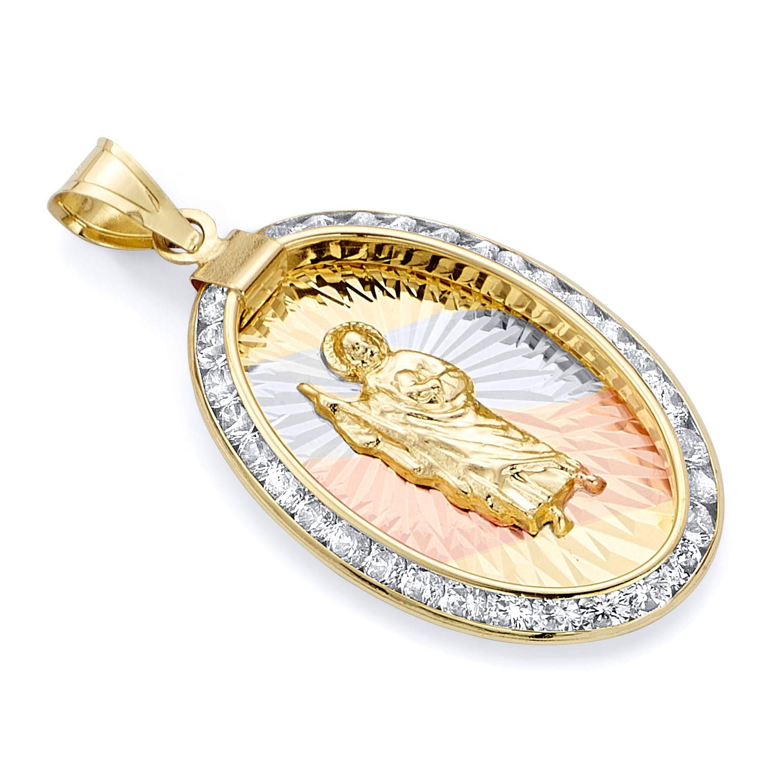 14k REAL Tri Color Gold CZ San Judas Medal Charm Pendant (Size : 25 x 14 mm)