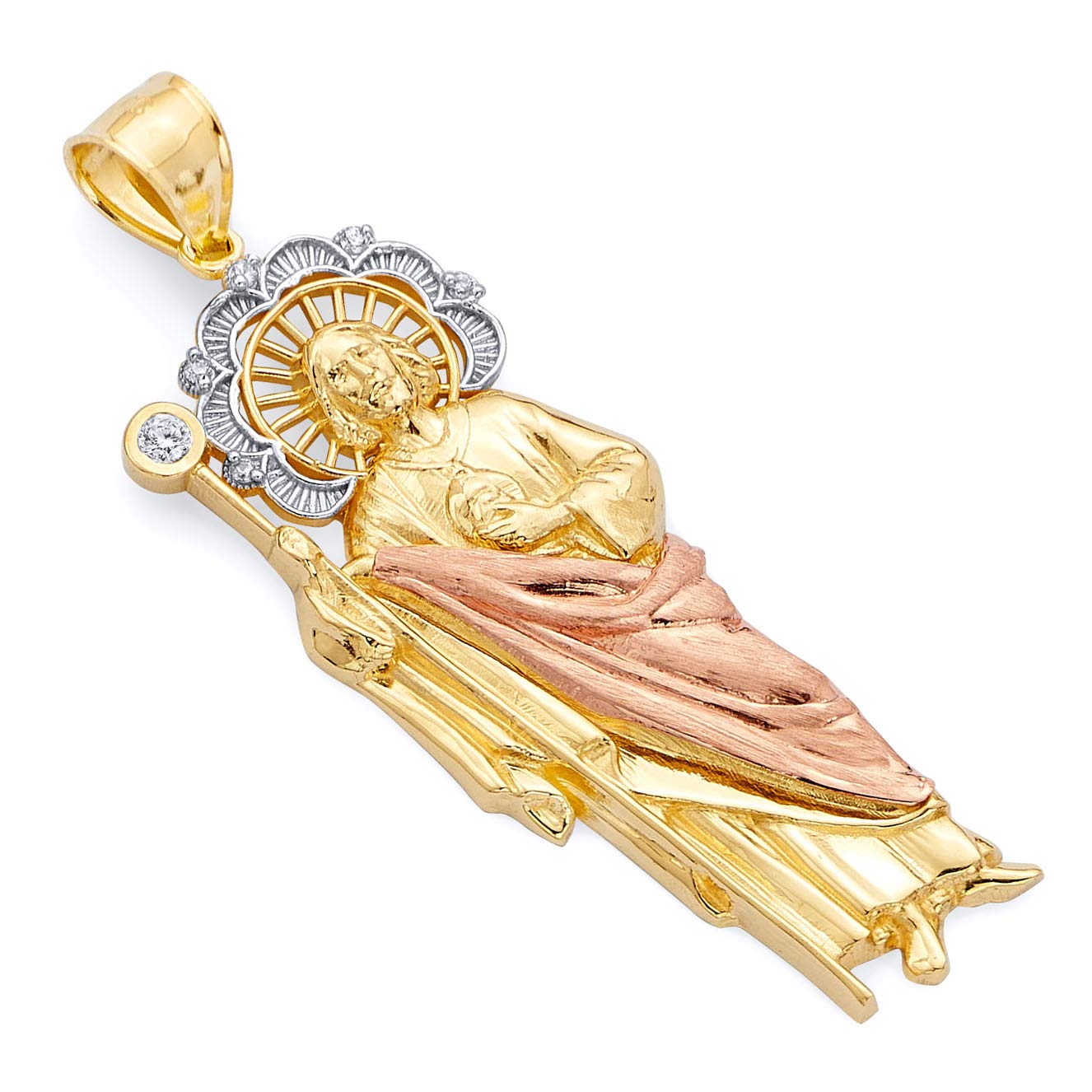 14k REAL Tri Color Gold San Judas Charm Pendant (Size : 76 x 24 mm)