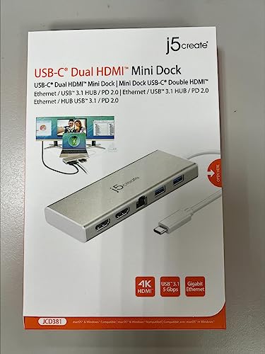 j5create USB-C Mini Dock- Type C Hub with 2X HDMI, 2X USB 3.0, Ethernet, Power Delivery 2.0 (JCD381)