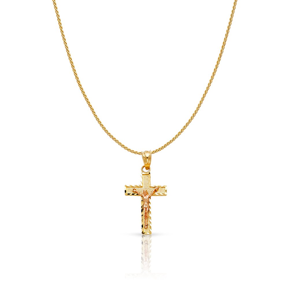 14K Two Tone Gold Jesus Crucifix Cross Charm Pendant with 0.9mm Wheat Chain Necklace - 24"