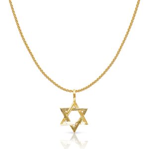 ioka 14k yellow gold star of david charm pendant with 0.9mm wheat chain necklace - 16"