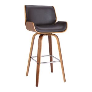 Armen Living Tyler Mid Century Modern Swivel Bar Stool for Kitchen Island Counter in Brown Faux Leather and Walnut Wood, 30" Seat Height