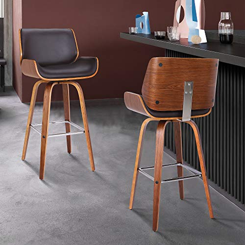 Armen Living Tyler Mid Century Modern Swivel Bar Stool for Kitchen Island Counter in Brown Faux Leather and Walnut Wood, 30" Seat Height