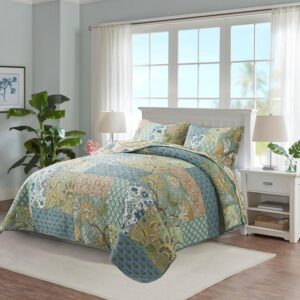 NEWLAKE Bohemian Floral Pattern Bedspread Quilt Set with Real Stitched Embroidery,Queen Size