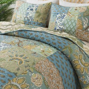 NEWLAKE Bohemian Floral Pattern Bedspread Quilt Set with Real Stitched Embroidery,Queen Size