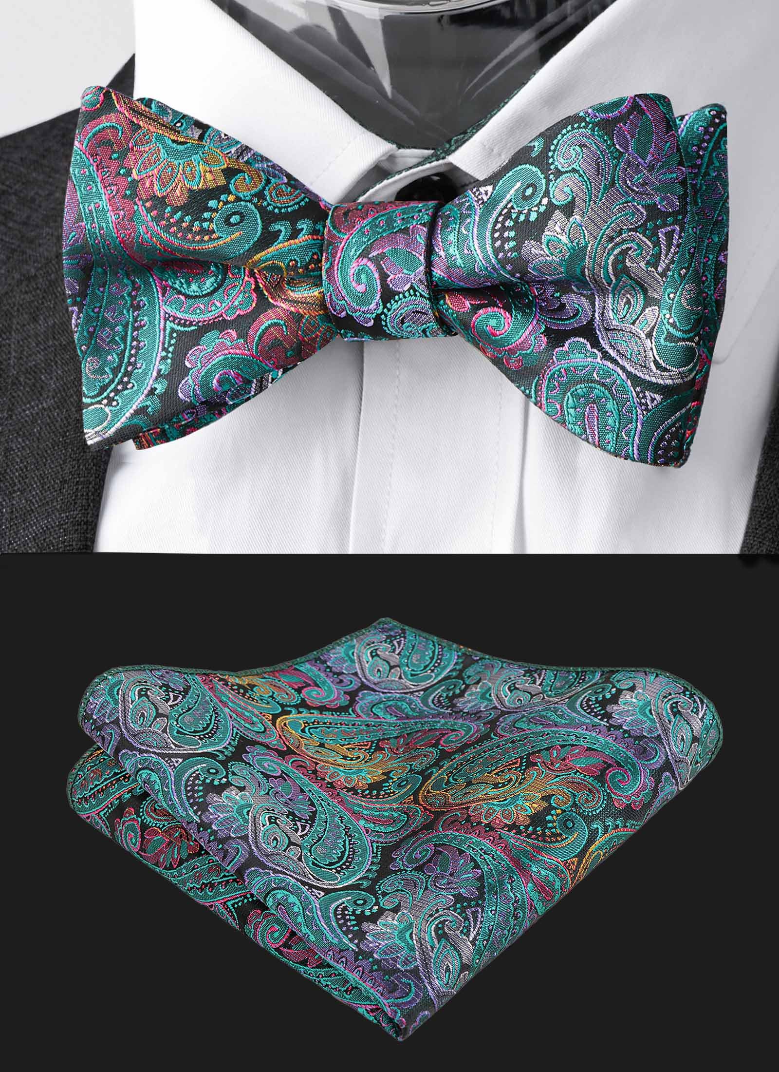 Alizeal Men's Retro Paisley Self-Tie Bow Tie and Handkerchief Set (Peacock Blue)