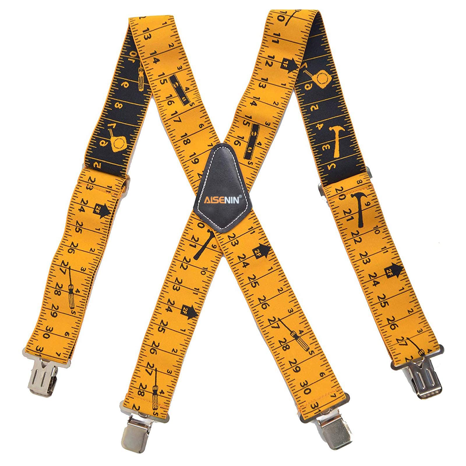 AISENIN Tape Measure Suspenders for Men 2” Wide X-Back Work Suspenders Elastic Adjustable(Yellow)