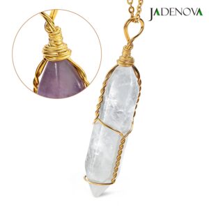 JADENOVA Full Wire Wrapped Energy Healing Crystal Gemstone Pendant Necklace 18 Inches Stainless Steel Chain（Natural Clear White Quartz）