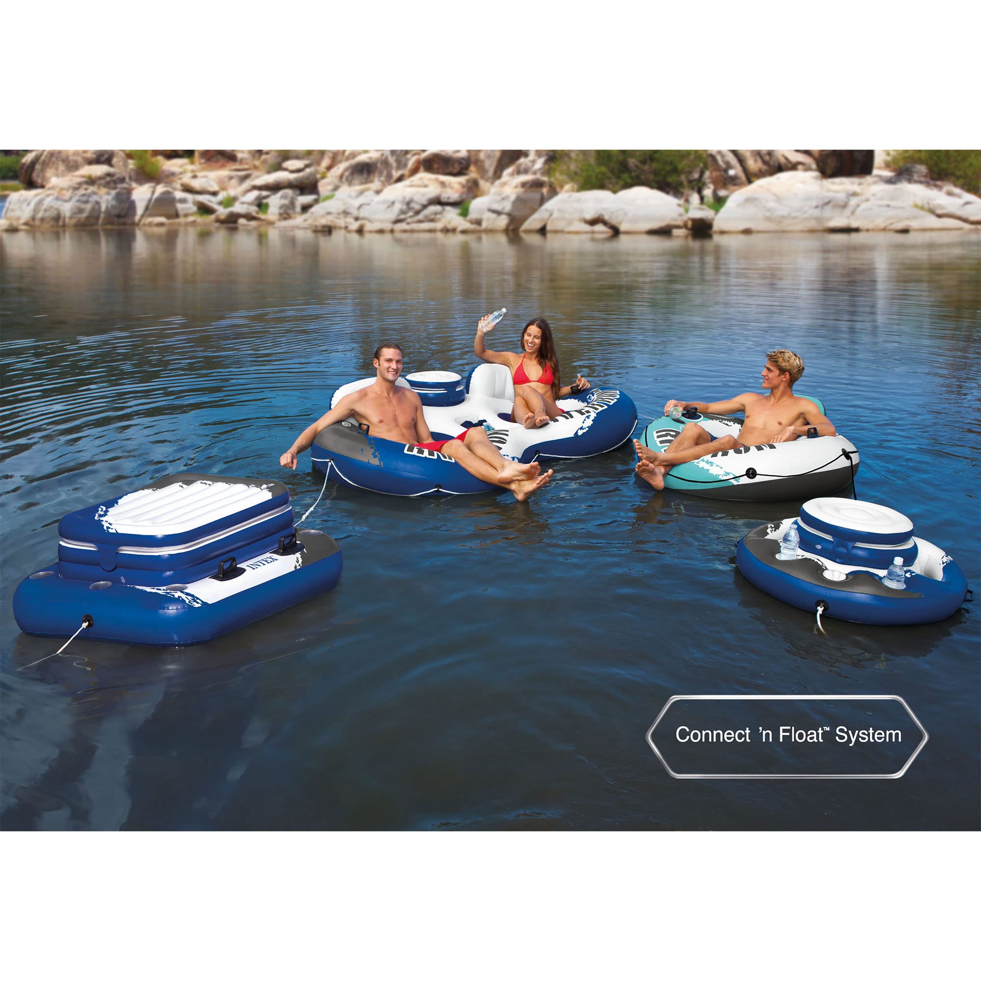 Intex 56825EP River Run 1 Inflatable Floating Lounge: Backrest – Built-in Cup Holders – Grab Handles – Grab Rope – 220lb Capacity – Color May Vary (2 Pack)