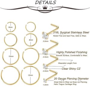 Masedy Nose Rings 12Pcs 20G 316L Stainless Steel L Shaped Nose Studs Cartilage Tragus Septum Piercing Gold