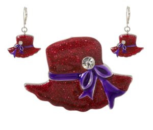 artisan owl - glittering red hat society dangling earrings and brooch pendant pin set