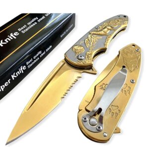 Wolf Pocket Knife, Spring Assisted Tactical Knife with Stainless Steel 3.5" Blade for Tactical Rescue, Self Defense, Hunting, Survival Glass Breaker Knives (Gold)