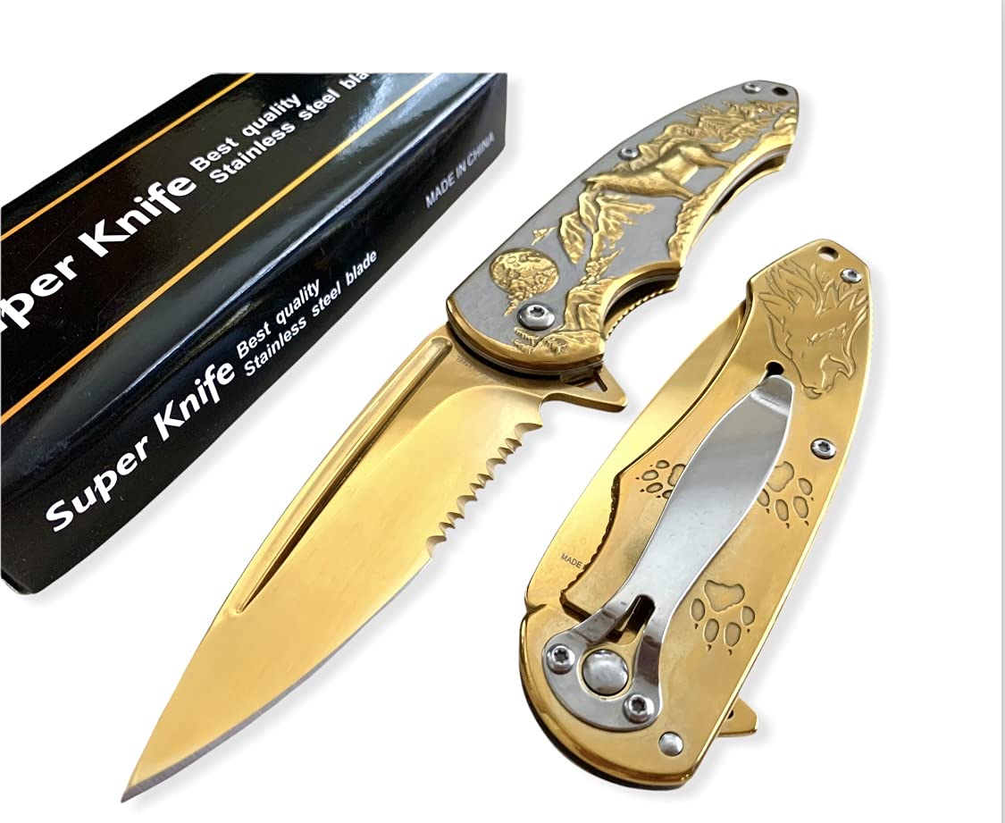 Wolf Pocket Knife, Spring Assisted Tactical Knife with Stainless Steel 3.5" Blade for Tactical Rescue, Self Defense, Hunting, Survival Glass Breaker Knives (Gold)