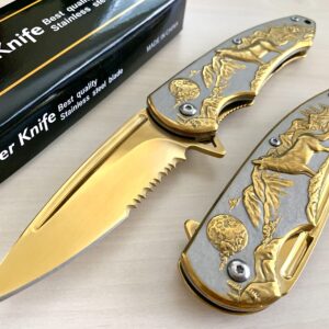 Wolf Pocket Knife, Spring Assisted Tactical Knife with Stainless Steel 3.5" Blade for Tactical Rescue, Self Defense, Hunting, Survival Glass Breaker Knives (Gold)