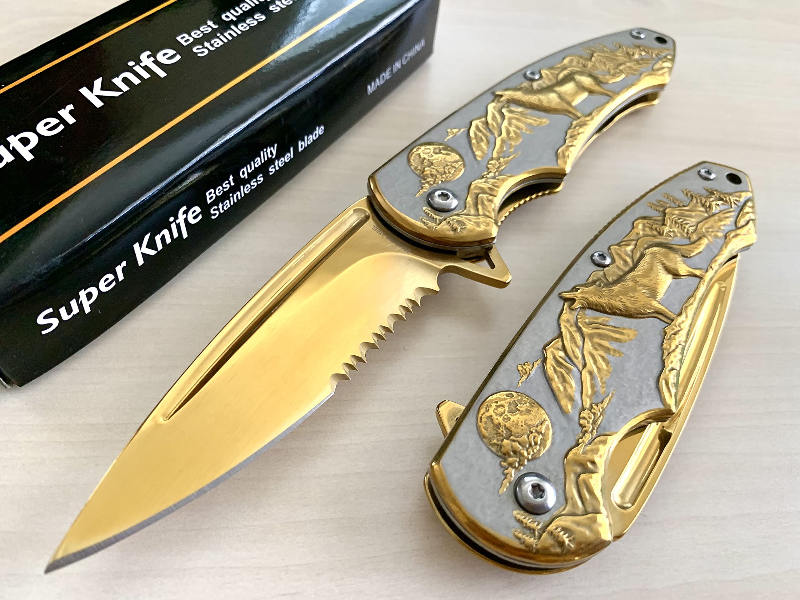 Wolf Pocket Knife, Spring Assisted Tactical Knife with Stainless Steel 3.5" Blade for Tactical Rescue, Self Defense, Hunting, Survival Glass Breaker Knives (Gold)