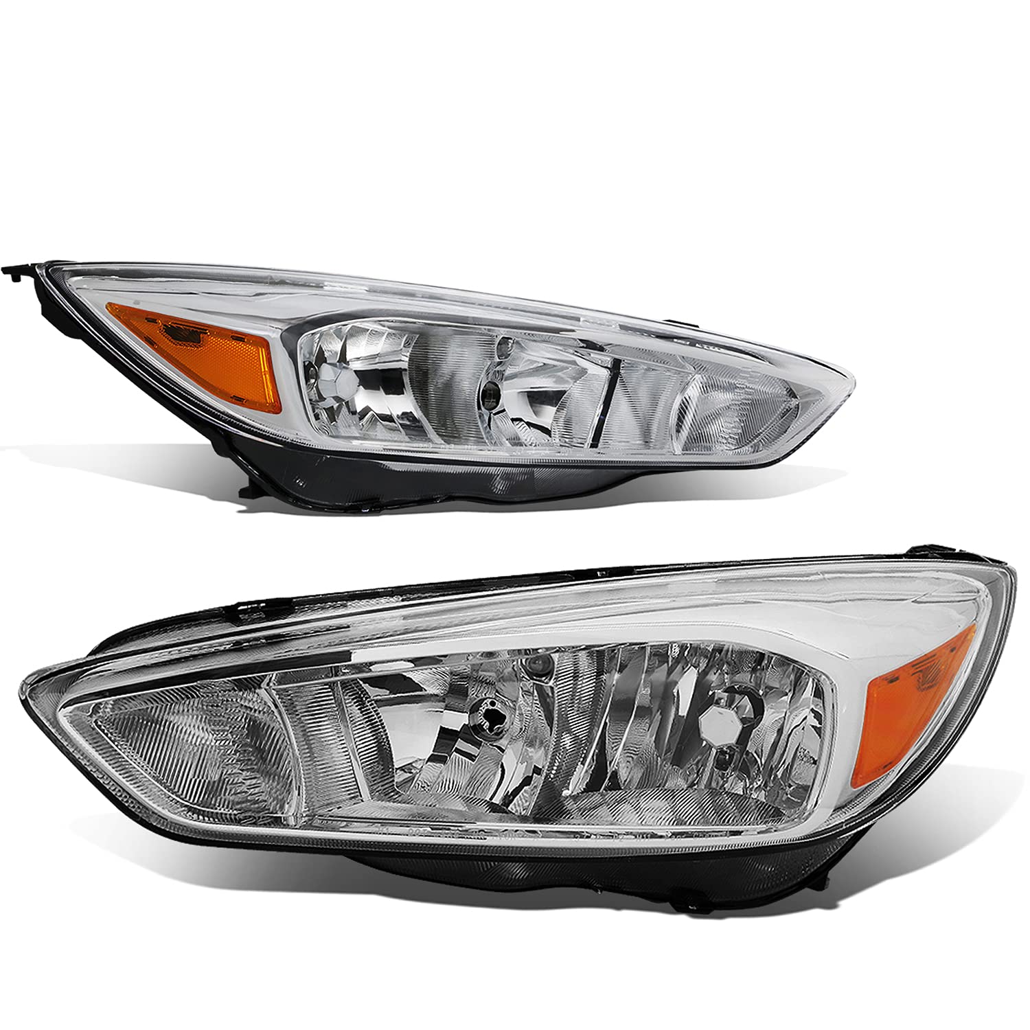 DNA MOTORING HL-OH-FF16-CH-AM Pair Chrome Housing Amber Corner Headlights Replacement For 15-18 Focus Fits Halogen Headlight Models