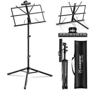 k kasonic - music stand, 2 in 1 dual-use folding sheet music stand & desktop book stand, portable lightweight with music sheet clip holder & carrying bag suitable for instrumental performance (black)