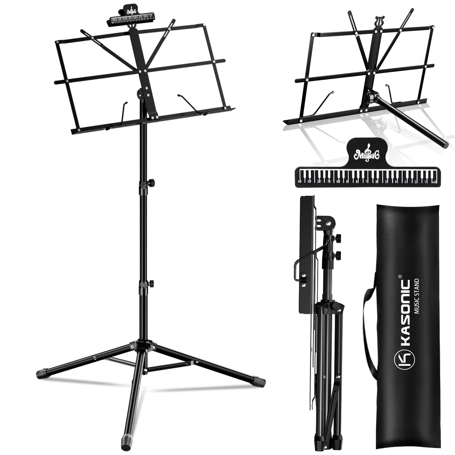 K KASONIC - Music Stand, 2 in 1 Dual-Use Folding Sheet Music Stand & Desktop Book Stand, Portable Lightweight with Music Sheet Clip Holder & Carrying Bag Suitable for Instrumental Performance (Black)