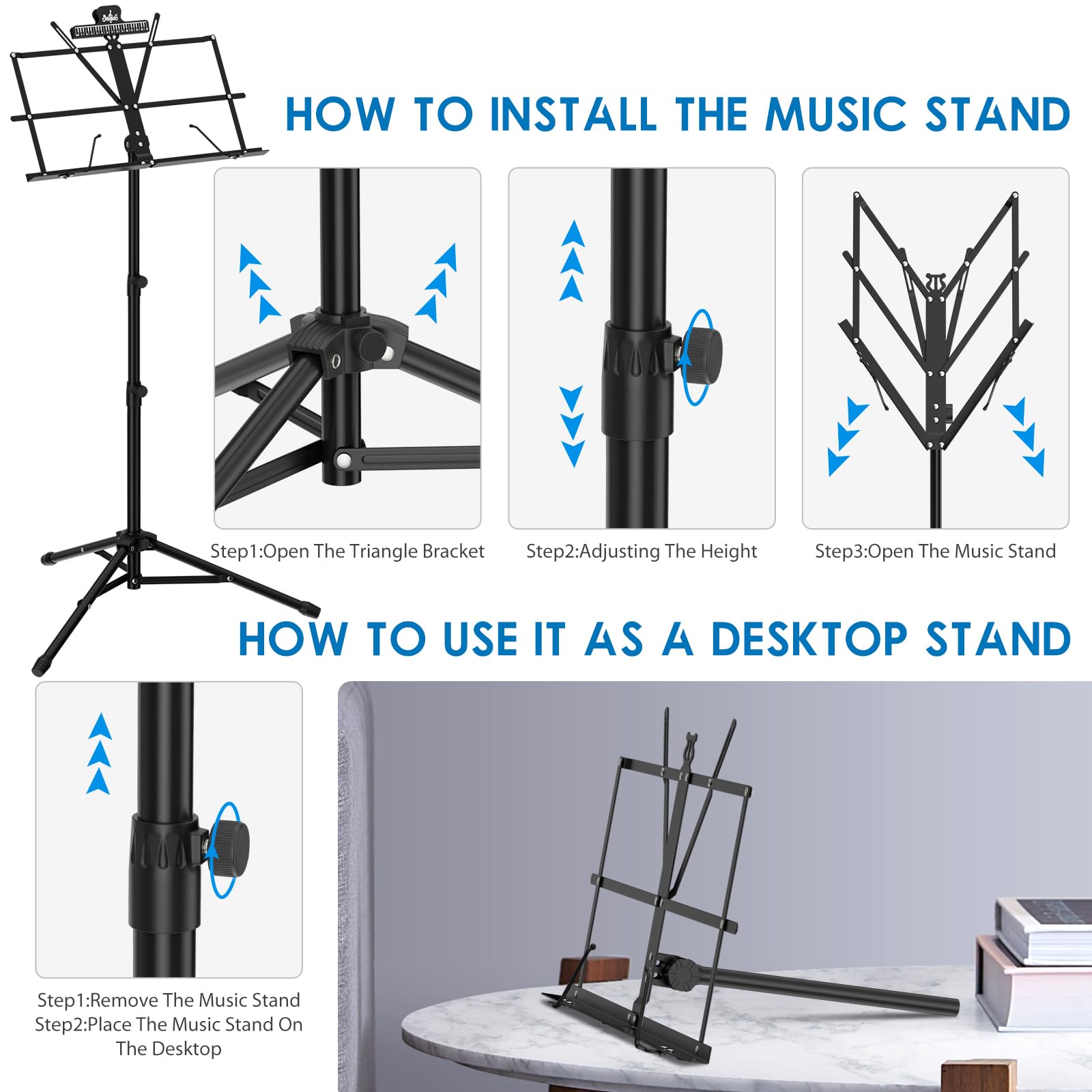 K KASONIC - Music Stand, 2 in 1 Dual-Use Folding Sheet Music Stand & Desktop Book Stand, Portable Lightweight with Music Sheet Clip Holder & Carrying Bag Suitable for Instrumental Performance (Black)