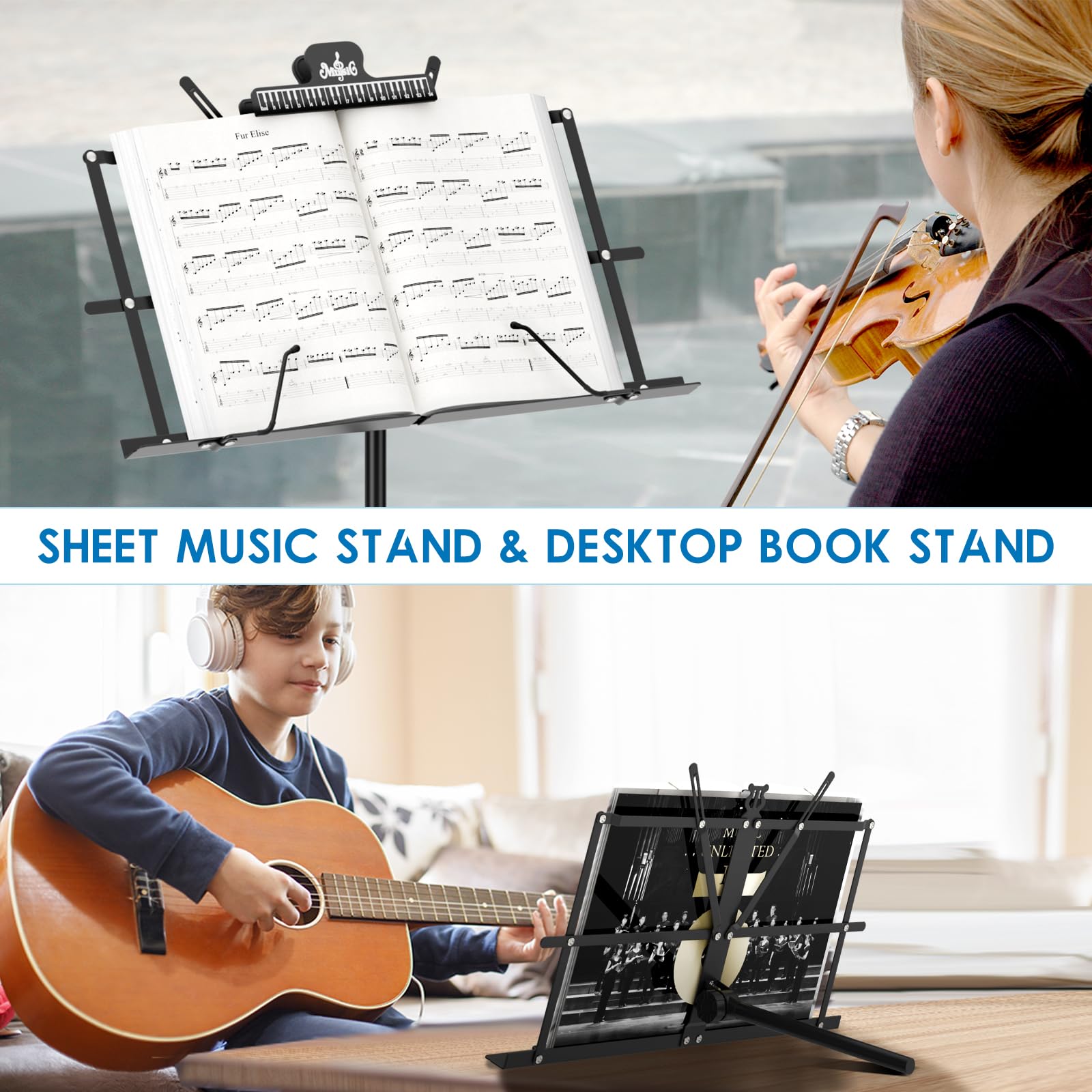 K KASONIC - Music Stand, 2 in 1 Dual-Use Folding Sheet Music Stand & Desktop Book Stand, Portable Lightweight with Music Sheet Clip Holder & Carrying Bag Suitable for Instrumental Performance (Black)