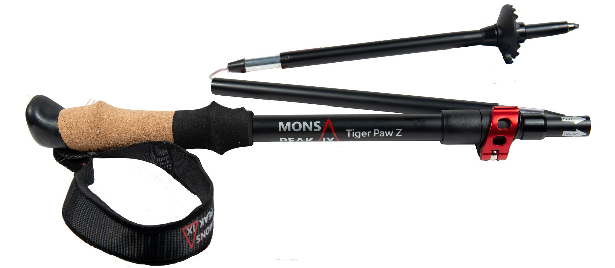 Mons Peak IX Tiger Paw Z-135 Trekking Poles for Hiking, Trail Running, Walking, Snowshoeing - Cork Grip Folding, Collapsible, Adjustable and Lightweight Poles (Taller than 5'8" - Poles 115cm - 135cm)