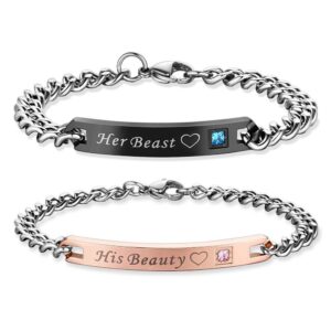 OUXUN Matching Bracelets For Couples Set Her Beast His Beauty 2 Pcs Romantic Lettering Relationship Couples Link Bracelets Promise Gifts Birthday Present For Women Men BF GF Lovers