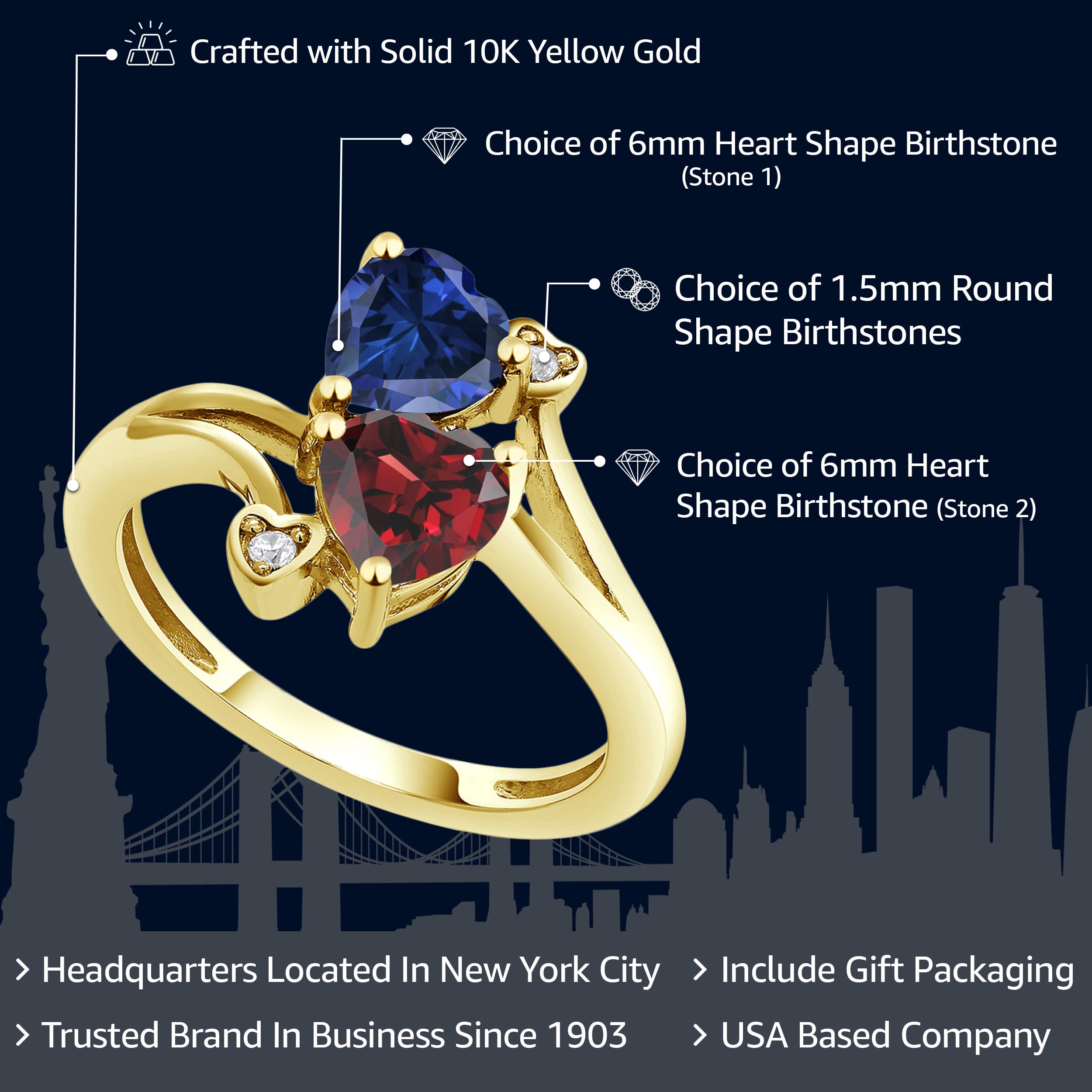 Gem Stone King 10K Yellow Gold Customized and Personalized 2 Gemstone Birthstone Heart Engagement Ring | Wedding Anniversary Promise Ring For Women | Available In Size 5, 6, 7, 8, 9