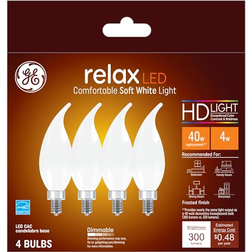 GE Relax LED Light Bulbs, 40 Watt, Soft White Candle Lights, Decorative Light Bulbs, Frosted, Small Base (36985), 4 Bulbs