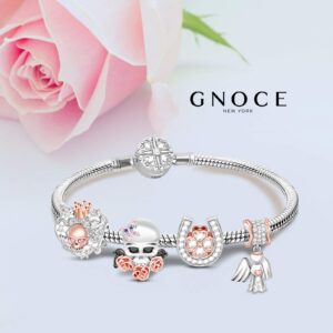 GNOCE Heart Skull Charm 925 Sterling Silver Rose Gold Plated Skull Queen & Butterfly Bead Charms Fits Bracelets Necklaces for Women