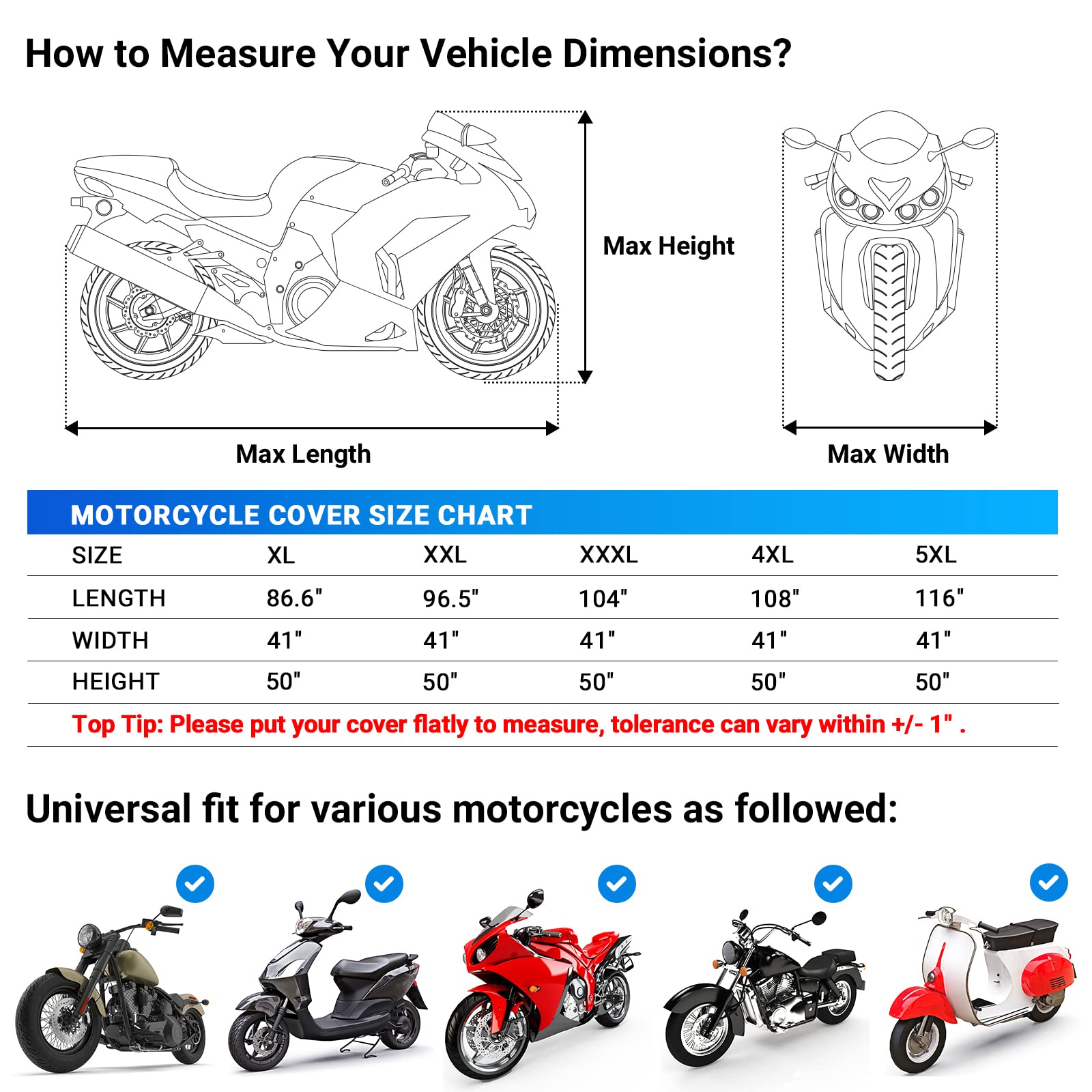 Favoto Motorcycle Cover All Season Universal Weather Quality Waterproof Sun Outdoor Protection Night Reflective with Lock-Holes & Storage Bag Fits up to 96.5" Motorcycles Vehicle Cover