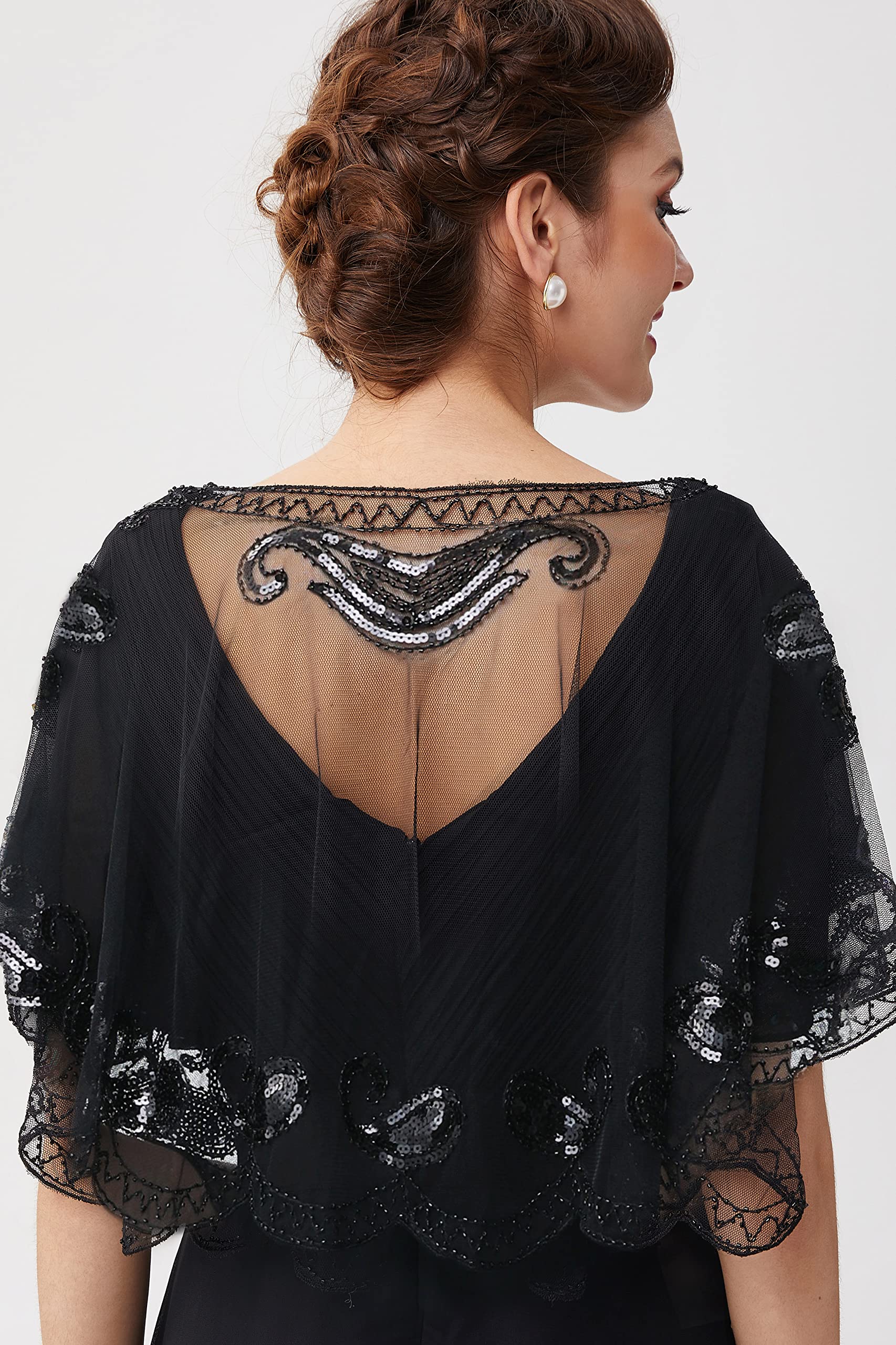 BABEYOND 1920s Shawl Wraps Beaded Evening Cape Bridal Shawl Flapper Cover Up (Black)