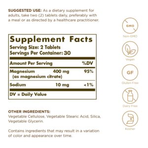 Solgar Magnesium Citrate - 60 Tablets - Promotes Healthy Bones, Supports Nerve & Muscle Function - Highly Absorbable - Non-GMO, Vegan, Gluten Free, Kosher - 30 Servings