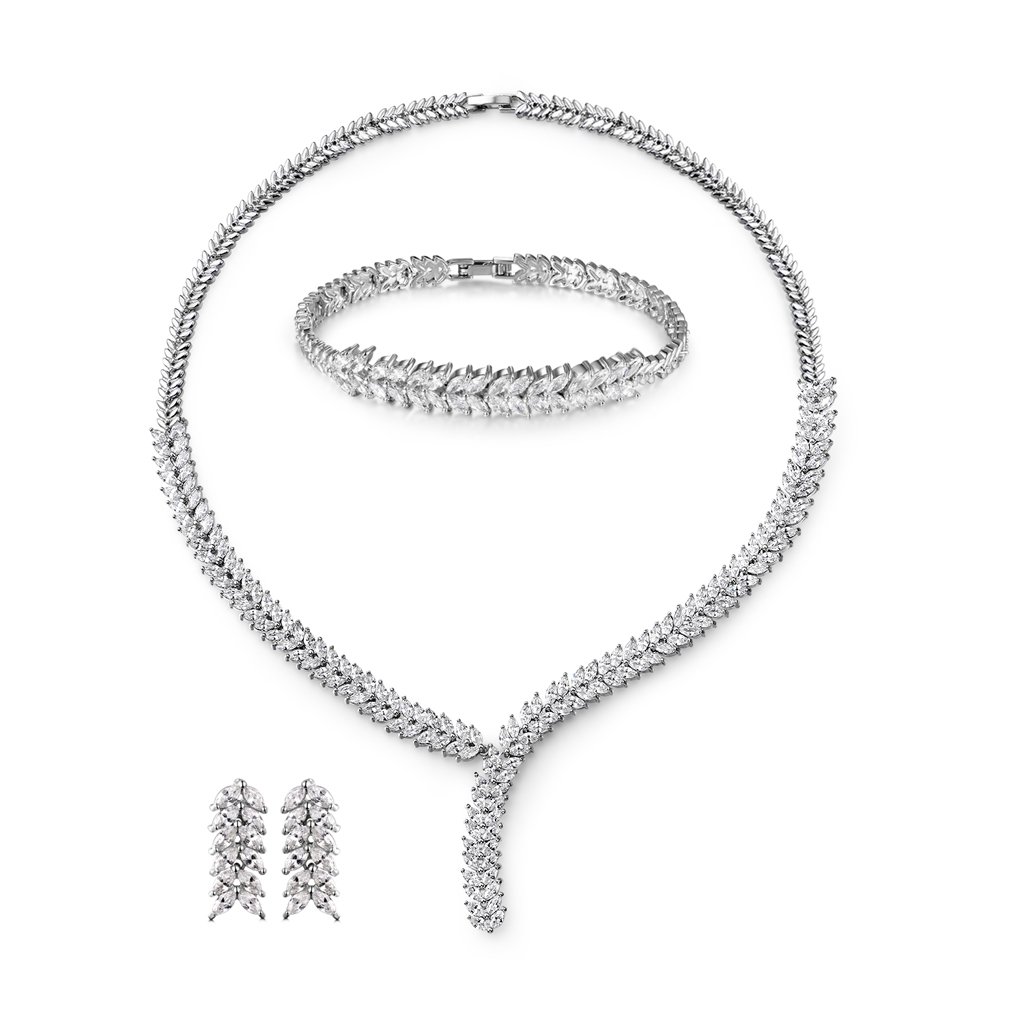 MASOP Sparkle Cubic Zircon Women Jewelry Set for Wedding Marquise Leaf Shape Bracelets Earrings Necklace