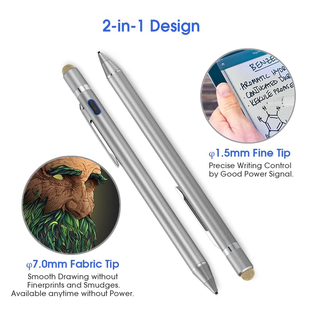 2-in-1 Active Stylus Digital Pen with 1.5mm Ultra Fine Tip for iPad iPhone Samsung Tablets, Work on Touchscreen Phones and Tablets,Good at Drawing and Writing, Grey