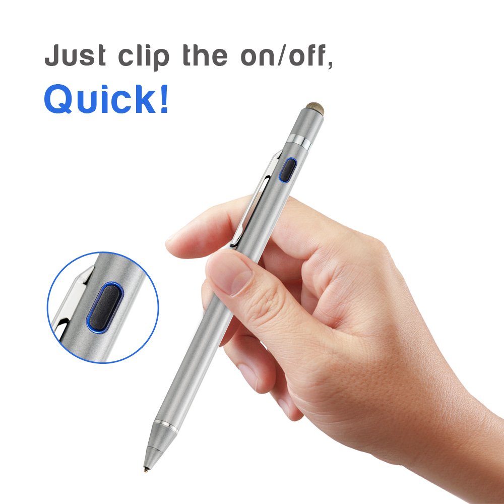 2-in-1 Active Stylus Digital Pen with 1.5mm Ultra Fine Tip for iPad iPhone Samsung Tablets, Work on Touchscreen Phones and Tablets,Good at Drawing and Writing, Grey