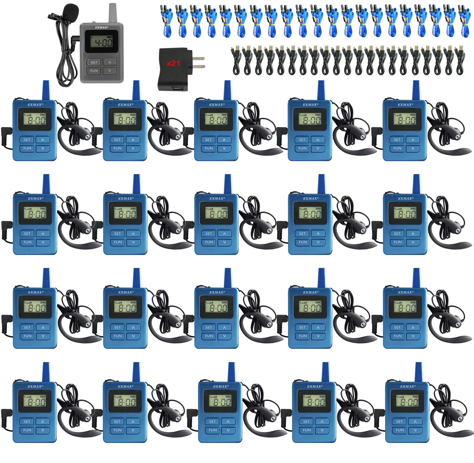 EXMAX ELGT-470 Simultaneous Interpreting Equipment Headset Tour Guide System 100 Channels for Church,Exhibition,Training,Reception,Church,Teaching,Assistive Listening(1 Transmitter & 20 Receivers)