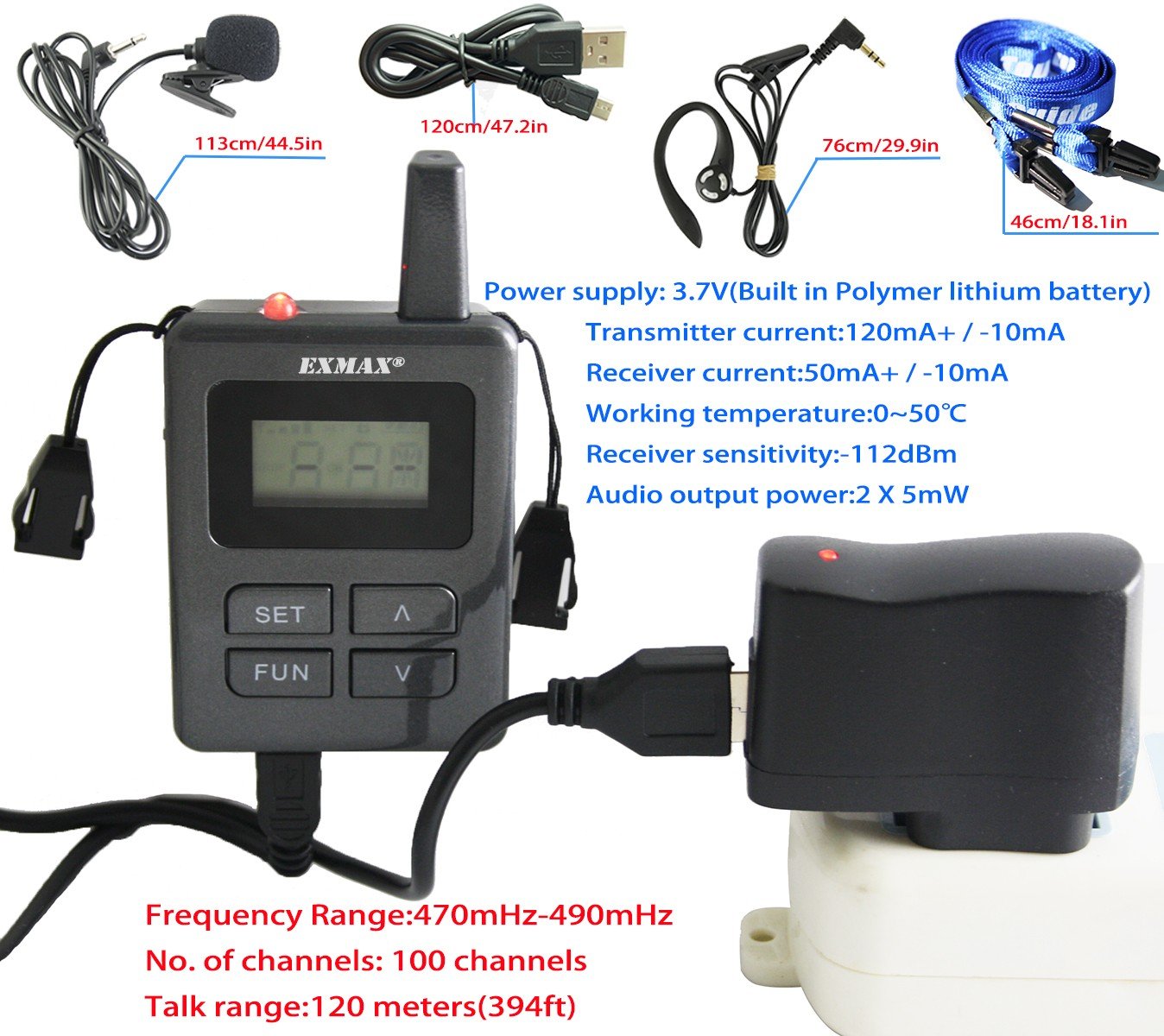 EXMAX ELGT-470 Simultaneous Interpreting Equipment Headset Tour Guide System 100 Channels for Church,Exhibition,Training,Reception,Church,Teaching,Assistive Listening(1 Transmitter & 20 Receivers)