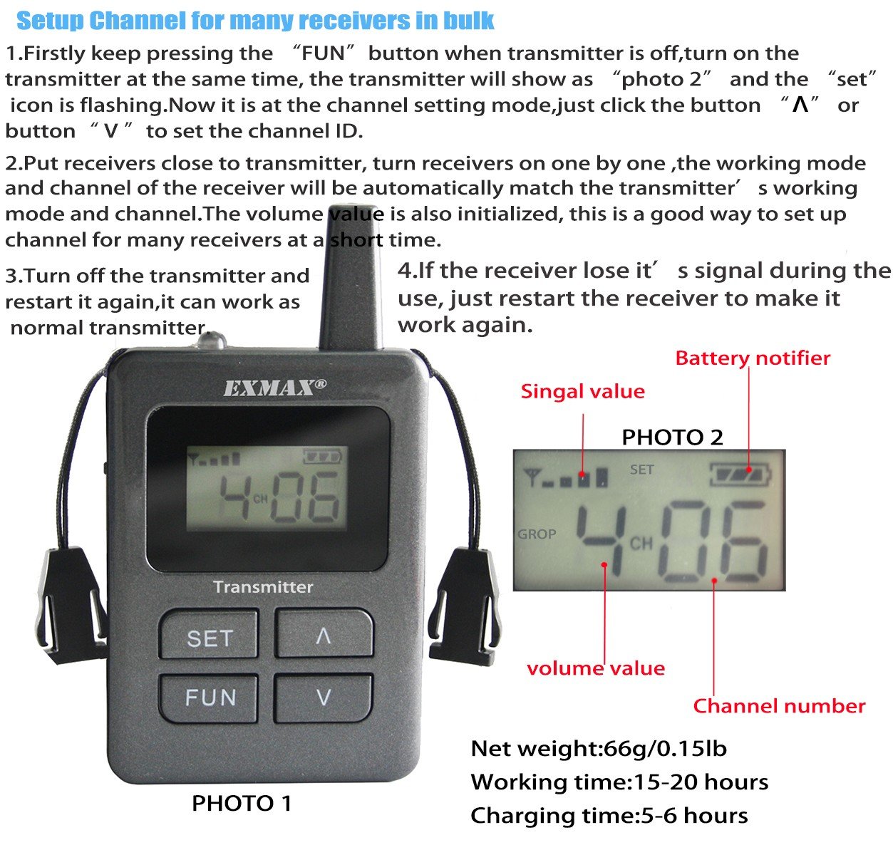 EXMAX ELGT-470 Simultaneous Interpreting Equipment Headset Tour Guide System 100 Channels for Church,Exhibition,Training,Reception,Church,Teaching,Assistive Listening(1 Transmitter & 20 Receivers)