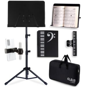 GLEAM Sheet Music Stand - Full Metal with Carrying Bag, Phone Holder, Sheet Music Folder and Clip, 5 in 1 Desktop Book Stand