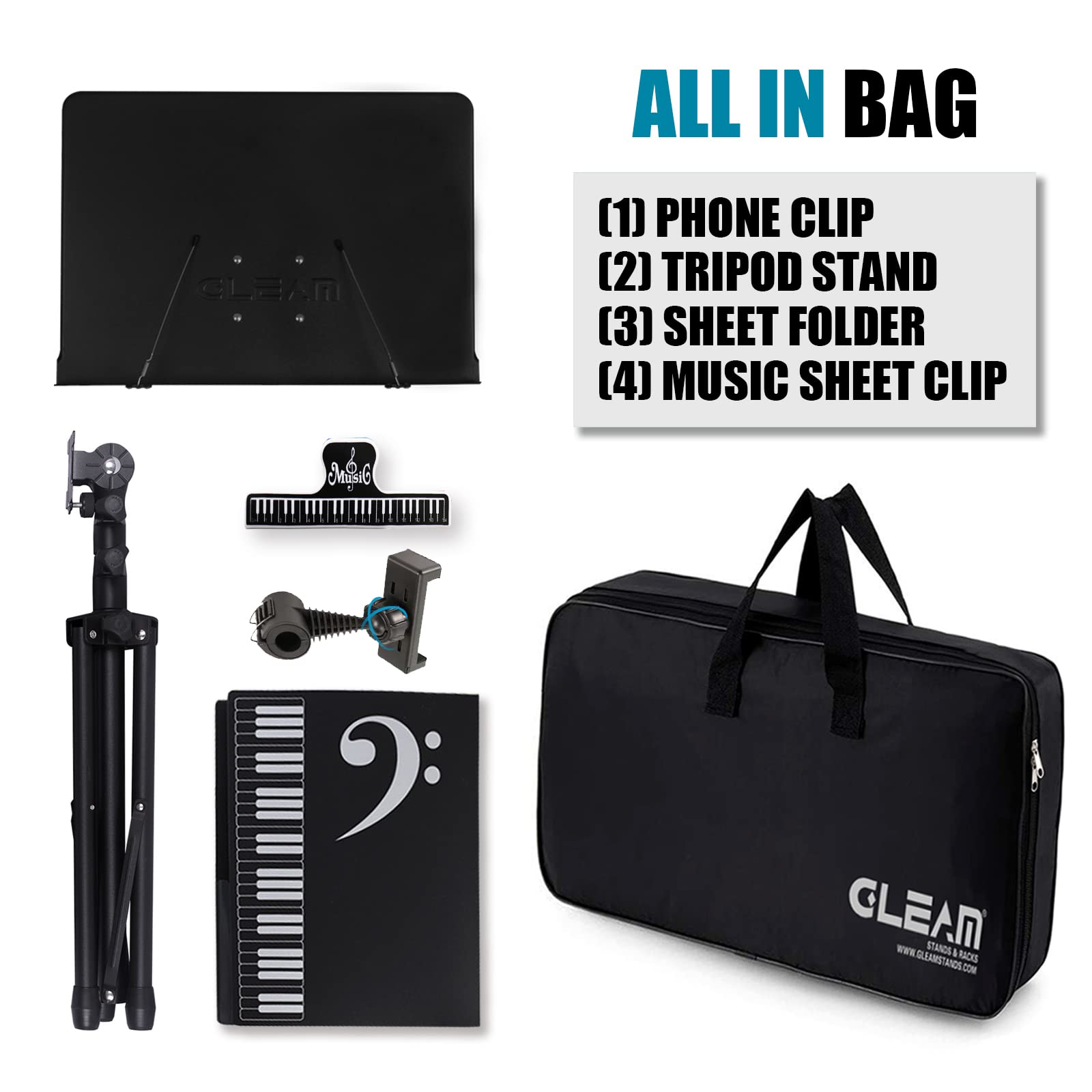 GLEAM Sheet Music Stand - Full Metal with Carrying Bag, Phone Holder, Sheet Music Folder and Clip, 5 in 1 Desktop Book Stand