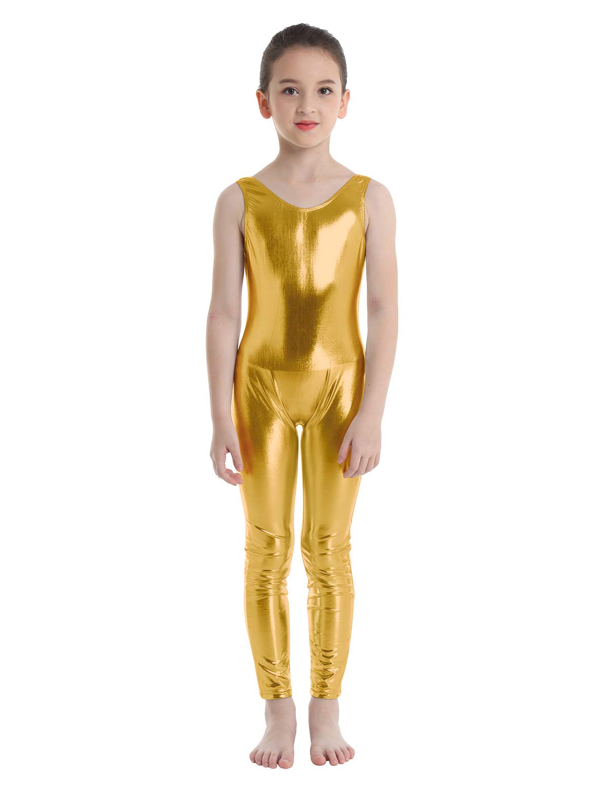 iiniim Kids Boys Girls Sleeveless Shiny Mettalic Full Body Unitard Jumpsuit Gymnasitc Tank Leotard Fancy Dance Costumes Gold 8-10