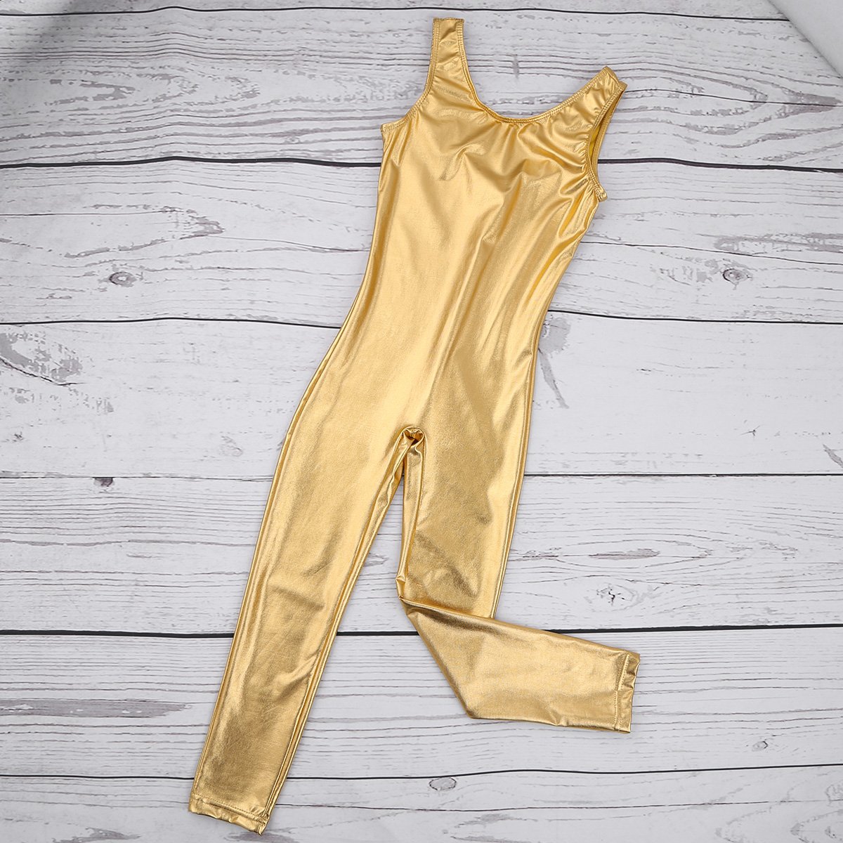 iiniim Kids Boys Girls Sleeveless Shiny Mettalic Full Body Unitard Jumpsuit Gymnasitc Tank Leotard Fancy Dance Costumes Gold 8-10