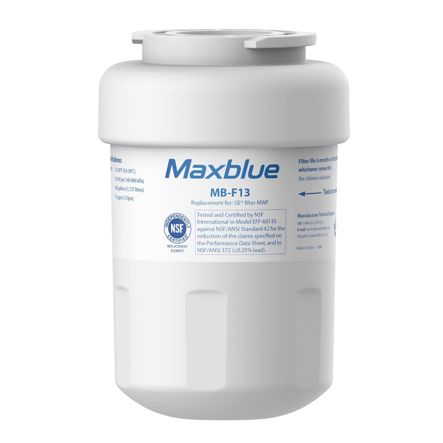 Maxblue MB-F13 Replacement for GE® MWF®, SmartWater® MWFP, MWFINT, MWFA, GWF, HDX FMG-1, GSE25GSHECSS, WFC1201, RWF1060, Kenmore® 9991 Refrigerator Water Filter