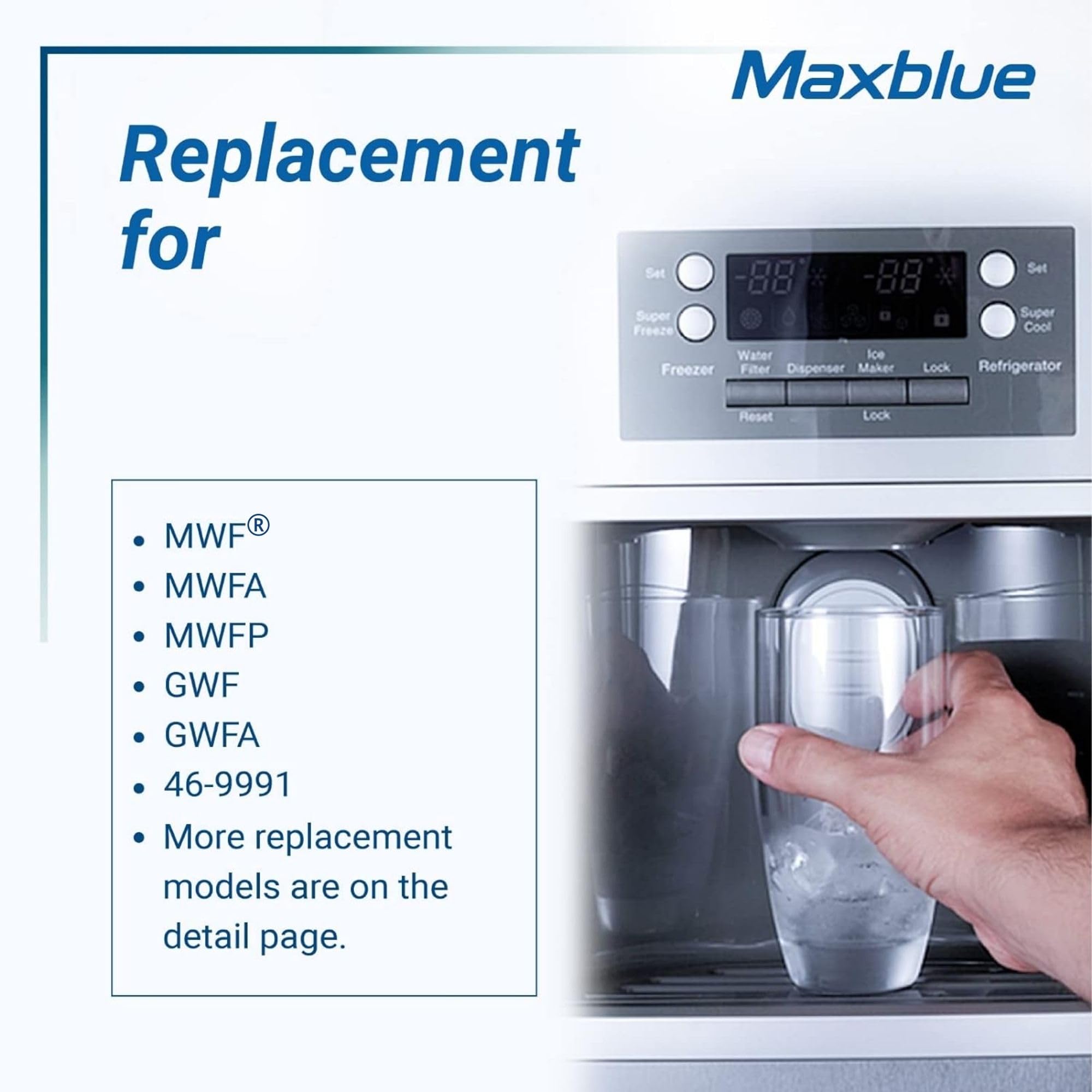 Maxblue MB-F13 Replacement for GE® MWF®, SmartWater® MWFP, MWFINT, MWFA, GWF, HDX FMG-1, GSE25GSHECSS, WFC1201, RWF1060, Kenmore® 9991 Refrigerator Water Filter