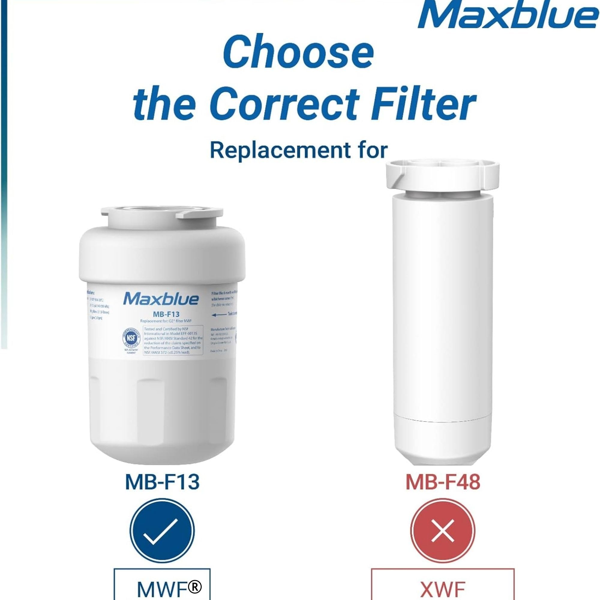 Maxblue MB-F13 Replacement for GE® MWF®, SmartWater® MWFP, MWFINT, MWFA, GWF, HDX FMG-1, GSE25GSHECSS, WFC1201, RWF1060, Kenmore® 9991 Refrigerator Water Filter