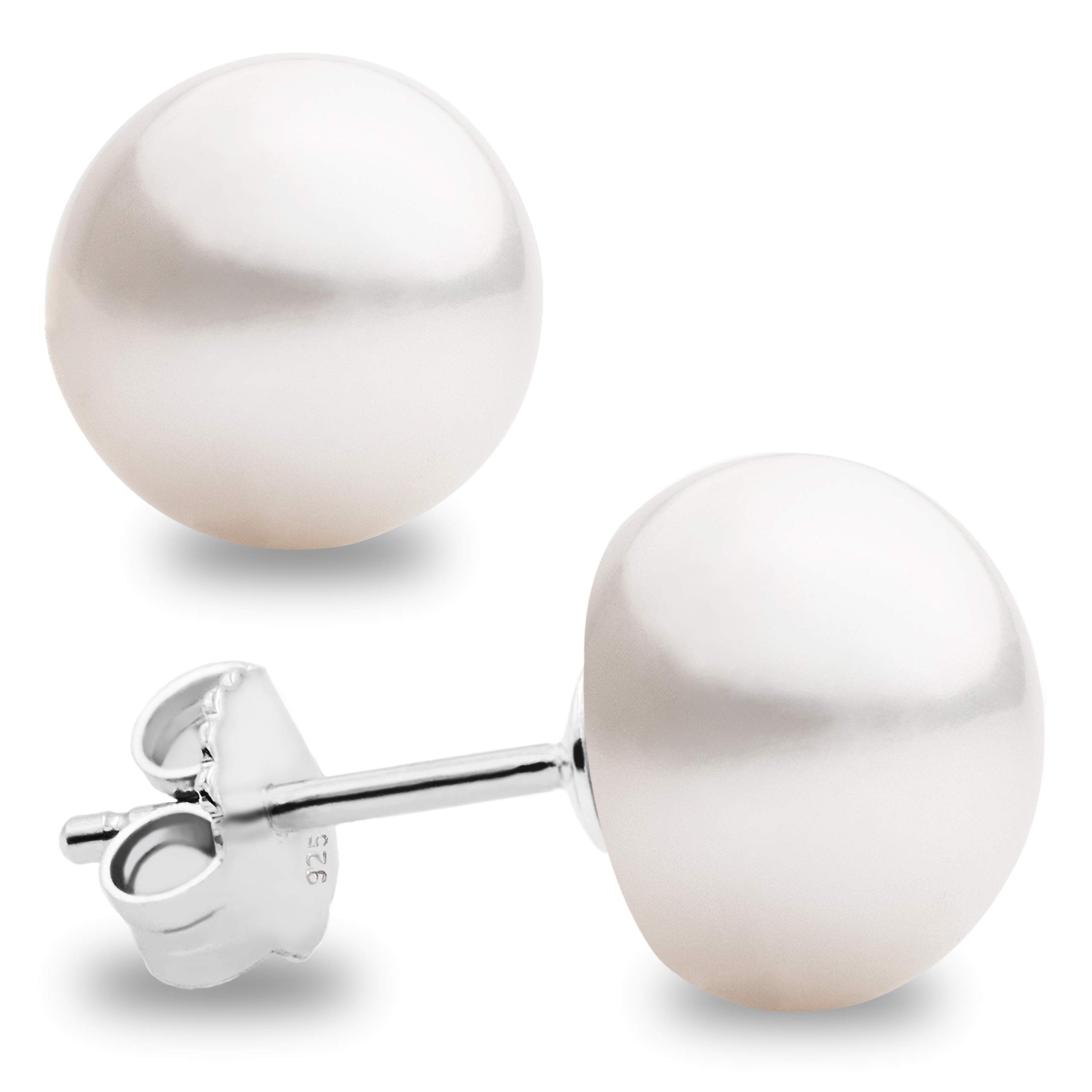 Women Pearl Stud Earrings. Fresh Water Cultured Pearls Button Shape Secret & You | 925 Sterling Silver Mounts | Available in 10 sizes from 4 mm to 13 mm